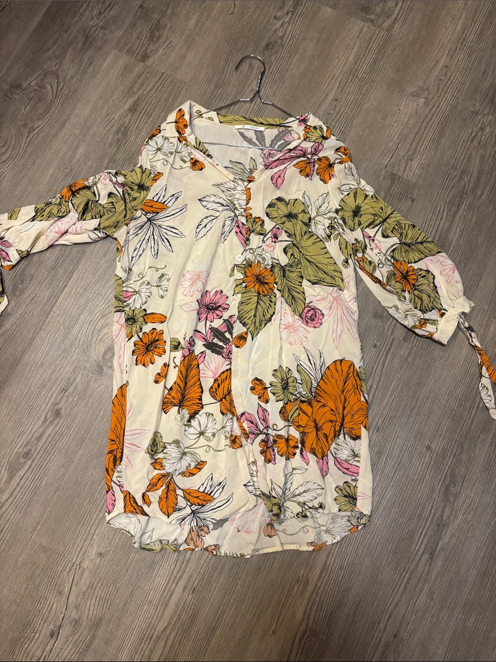 Cupshe Cream Long-Sleeve Floral Button-Front Dress with Orange & Green Print